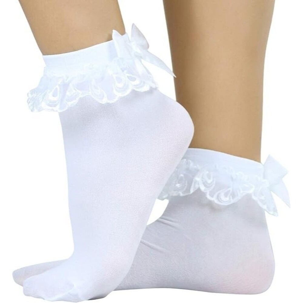 Sexy White Bow in Back Ruffled Socks White Bow with Embroidered Tear Drops NWT